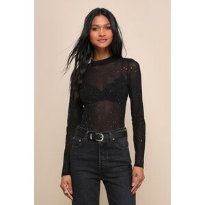 Lulus Strike An Attitude Black Mesh Multi Embellished Mesh Bodysuit - Size M